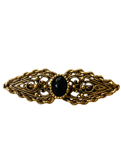 Vintage Victorian Style Brooch Goldtone Black Pin Filigreee Intricate 2" Length