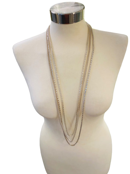 Triple Strand Draped 36" Necklace Silvertone Lightweight Sparkly