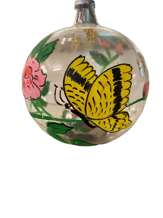 Clear Glass Ornament Tabletop or Hanging Handpainted Butterfly Flower Glitter 3.25" Diameter