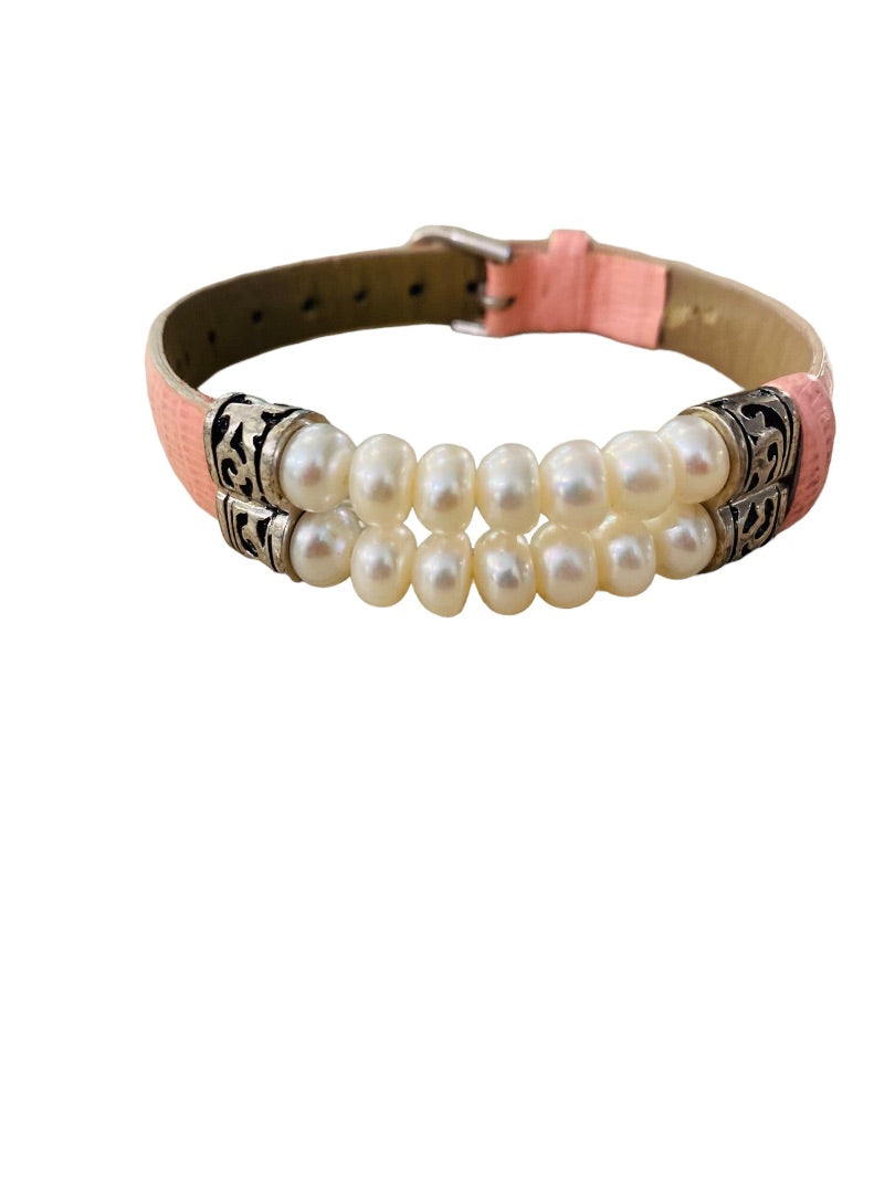 Honora Pearl and Pink Leather Bracelet Adjustable Buckle Closure Double Strand