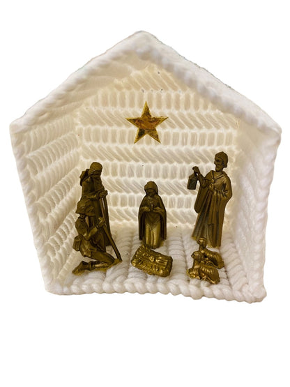 Vintage Cross Stitch Dimensional Manger Nativity Set Tabletop 3.5"h x 3"w Plastic Figures