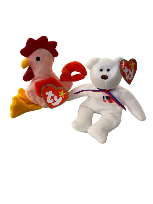 Ty Teenie Beanie Babies Strut the Rooster and Libearty the Bear 5" Plush Tgs