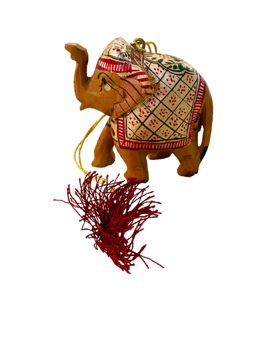 Wooden Elephant Ornament Painted Truck Up Red Gold Tassel 2.2"h Holiday