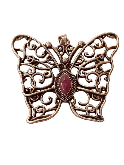 Silvertone Butterfly Pendant Brooch Purple Jewel 1.5" Filigree Style