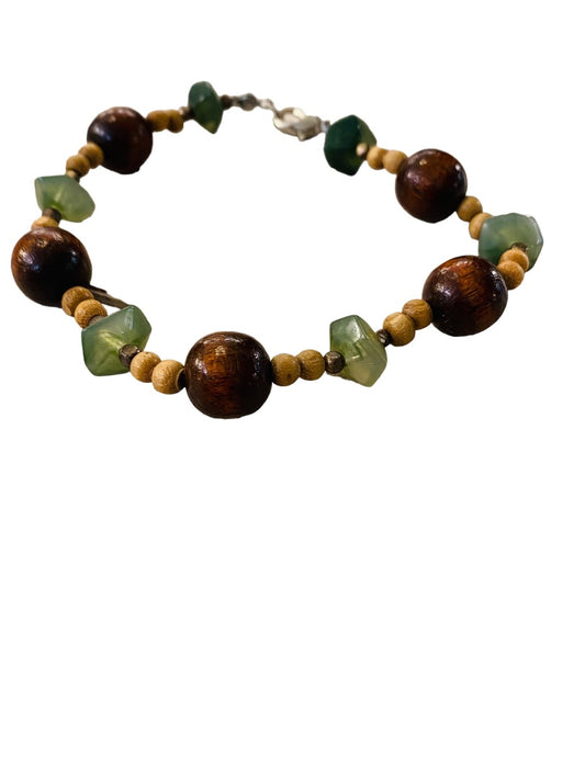 Wood Bead and Green Stone Bracelet 9" Lobster Clasp Lightweight Boho Style