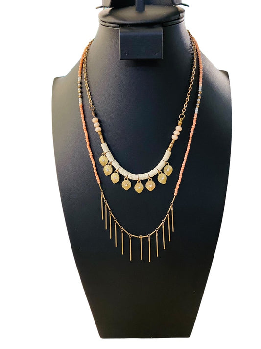 Dual Strand Layered Necklace Pink Seed Beads Goldtone 18-20"