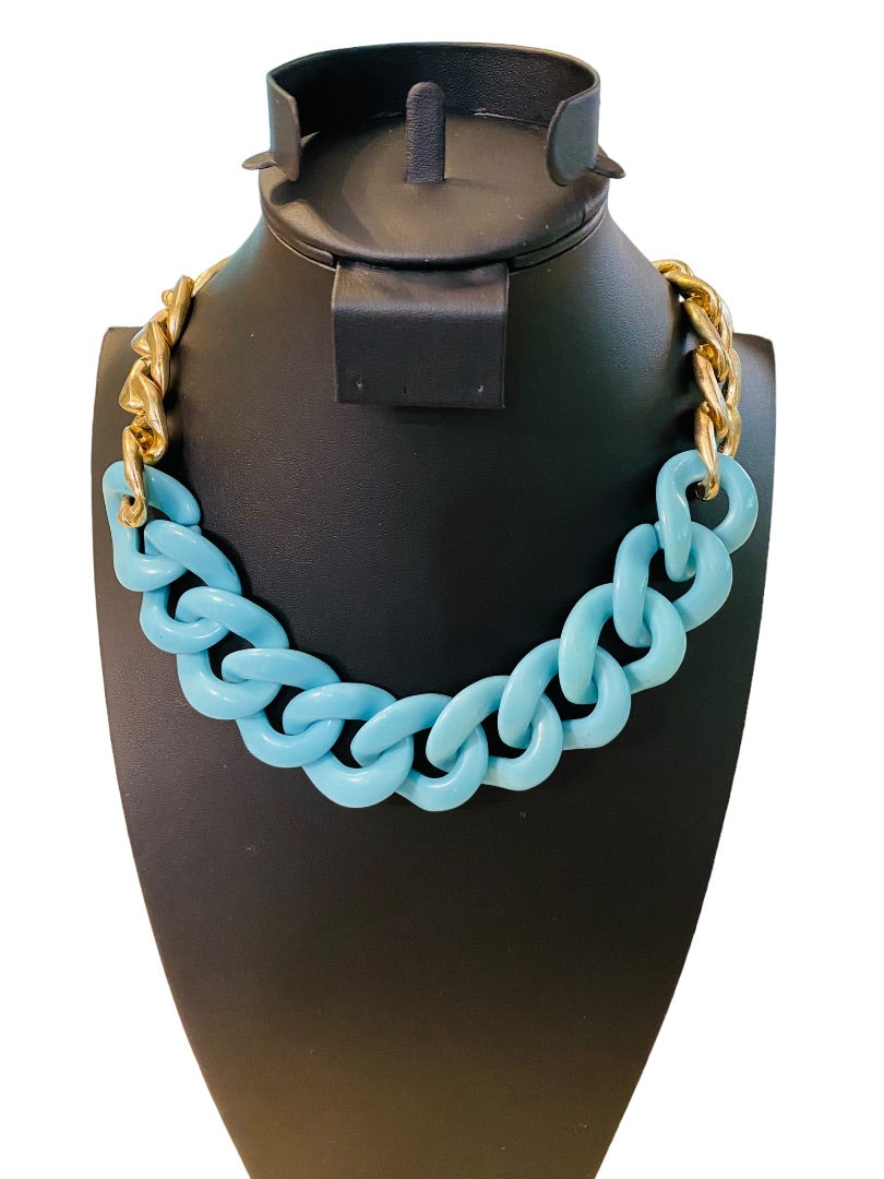 Chunky Acrylic Faux Turquoise and Goldtone 18-21" Statement Necklace