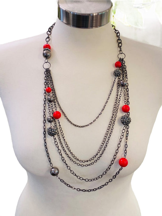 Pewter Color Layered Look Necklace Red Bead Lobster Clasp 27" Long