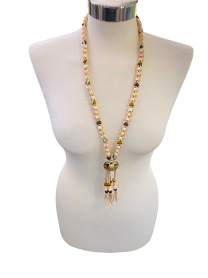 Braided Plastic Bead Necklace 32" Overhead Goldtone Pink Brown Lightweight 5" Tassel