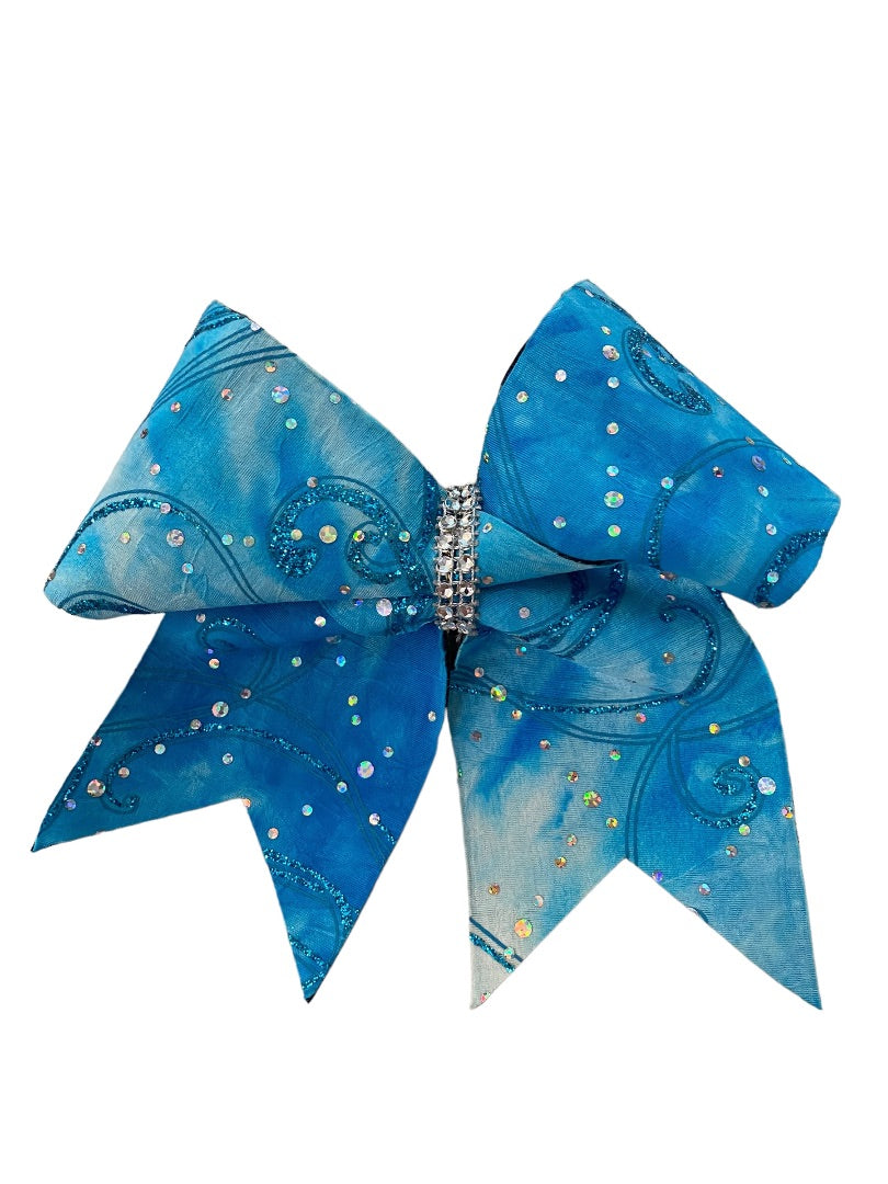 Girls Oversize Hair Bow 6.5" Elastic Ponytail Holder Blue Glitter Bejeweled