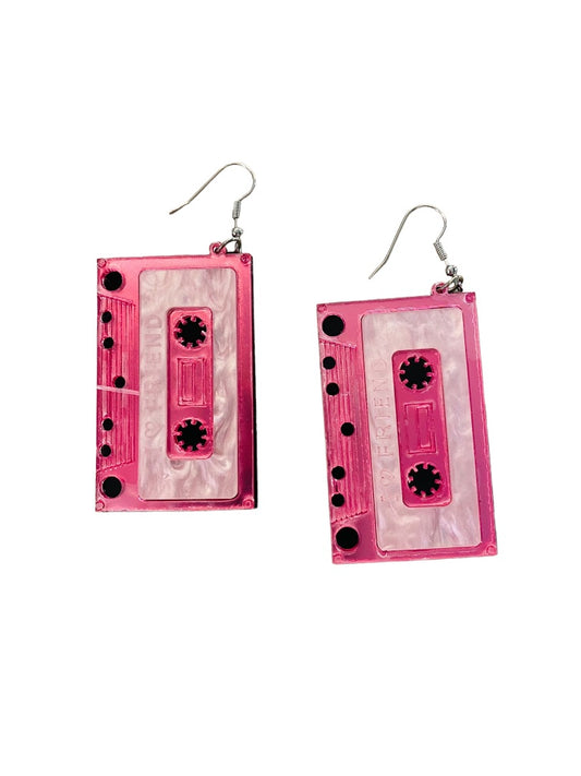 Retro 1980s Cassette Tape Pink Earrings Plastic Wire Hook 3" Drop Dangle