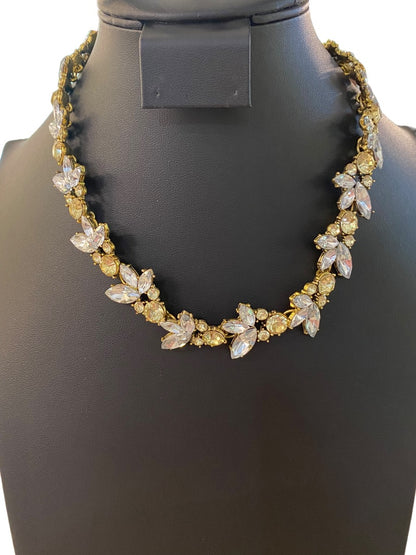 Goldtone Statement Necklace Vine Design Green Clear Faceted Jewels 16-18" Lays Flat