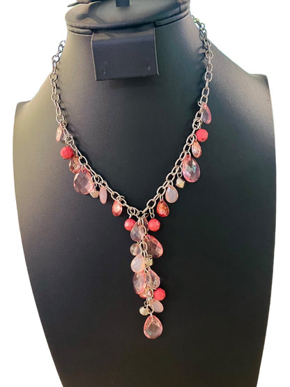 Silvertone Necklace Pink and Mauve Acrylic Faceted Beads 16-19" with 3" Drop