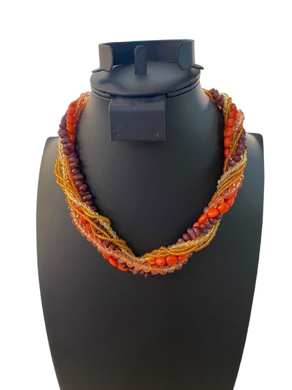 Vintage Twist Multistrand Acrylic Beaded Necklace 18-21" Orange Brown Lobster Clasp