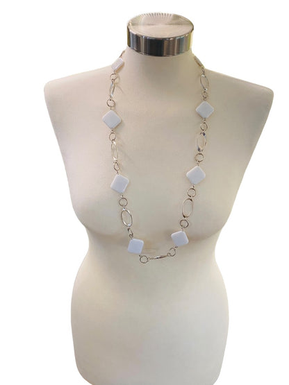Silvertone and White Acrylic Square Necklace Overhead 34" Lightweight