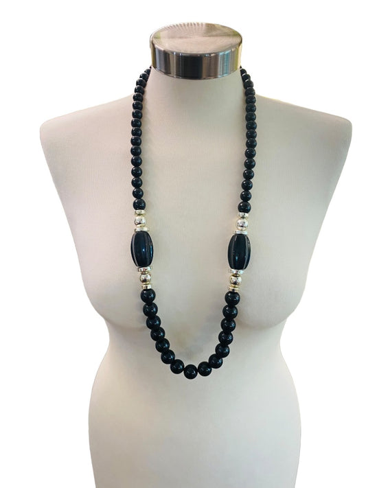 Chunky Black Graduated Bead Necklace Vintage 1990s Silvertone 35" Spring Clasp