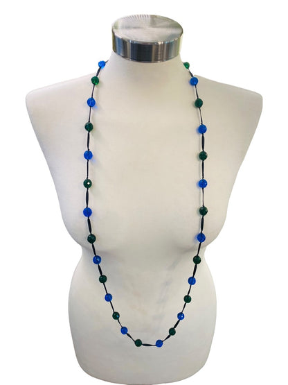 Blue Green Black Knotted Ribbon Necklace Faceted Beads 48" Oversize Spring Clasp