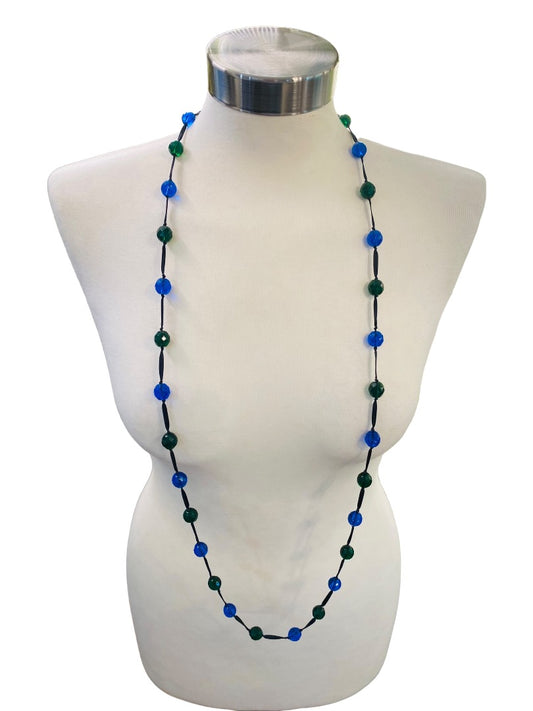 Blue Green Black Knotted Ribbon Necklace Faceted Beads 48" Oversize Spring Clasp