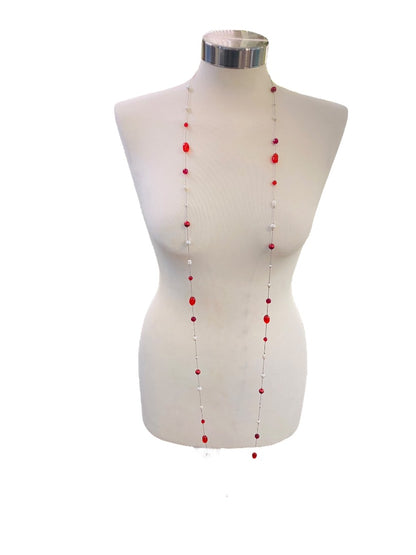 Silvertone Red Chain Necklace Strand String 67" Lobster Clasp Faux Assorted Pearls