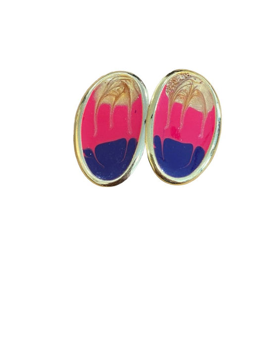 80's Gold Tone Retro Oval Enamel Pink Purple Pierced Post Earrings