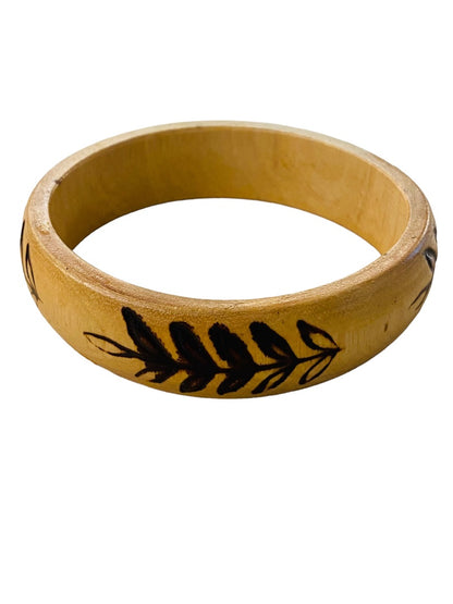 Vintage Wooden Bangle Bracelet Wood Burned Fern Design 2.75" Inside Diameter