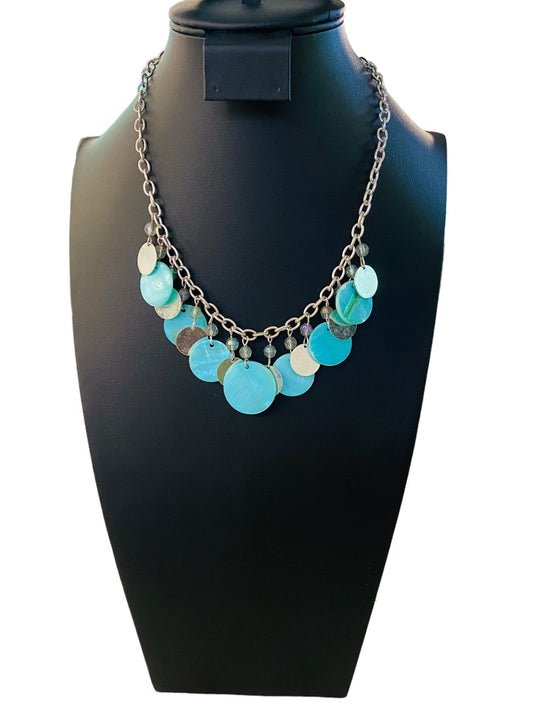 Silvertone and Aqua Charm Layered Circle Necklace 16-19" Lobster Clasp