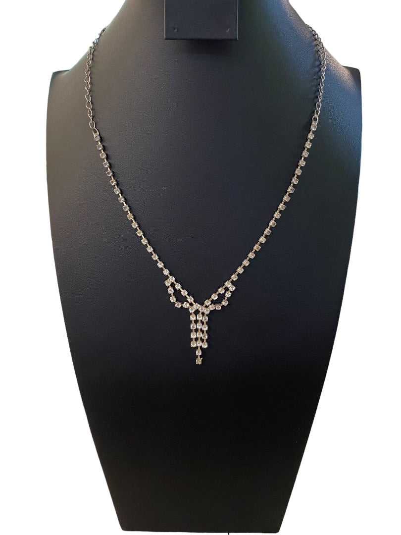 Rhinestone Formal Silvertone Necklace 21" Lobster Clasp 2" Drop