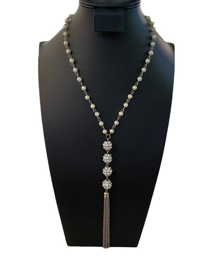 Silvertone Faux Pearl 19" Necklace Tassel 6" Drop Rhinestone Sparkle Lobster Clasp