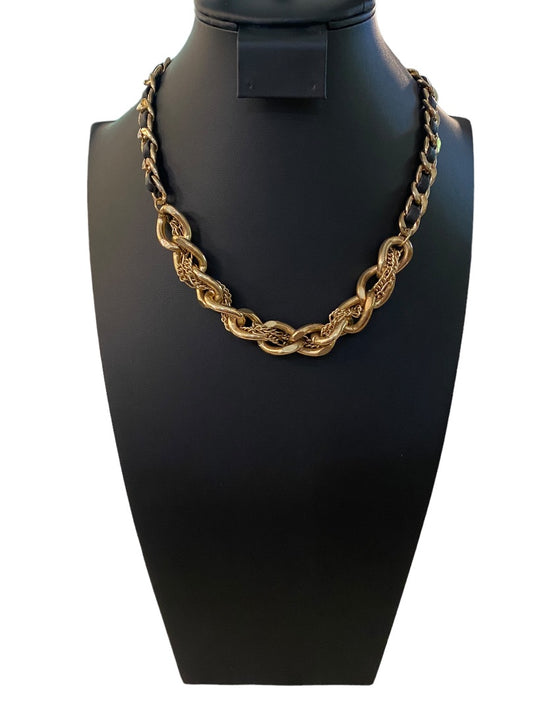 Goldtone and Black Cord Chunky Dual Strand Chain Necklace 17-19" Lobster Clasp