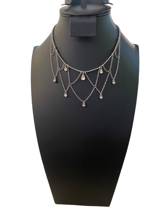 Silvertone 15" Necklace Chandelier Choker Necklace Rhinestone Detail