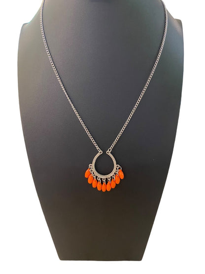Silvertone 22" Necklace Coral Acrylic Beaded Attached Pendant Necklace