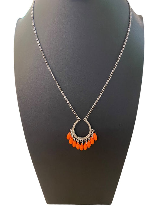 Silvertone 22" Necklace Coral Acrylic Beaded Attached Pendant Necklace