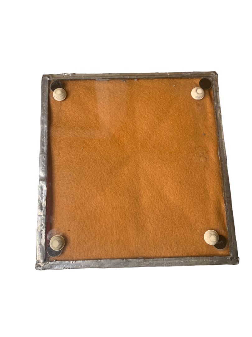 Amber  Stained Glass Lidded Hinged Box Footed Decorative Storage 6.5" Square x 5"h