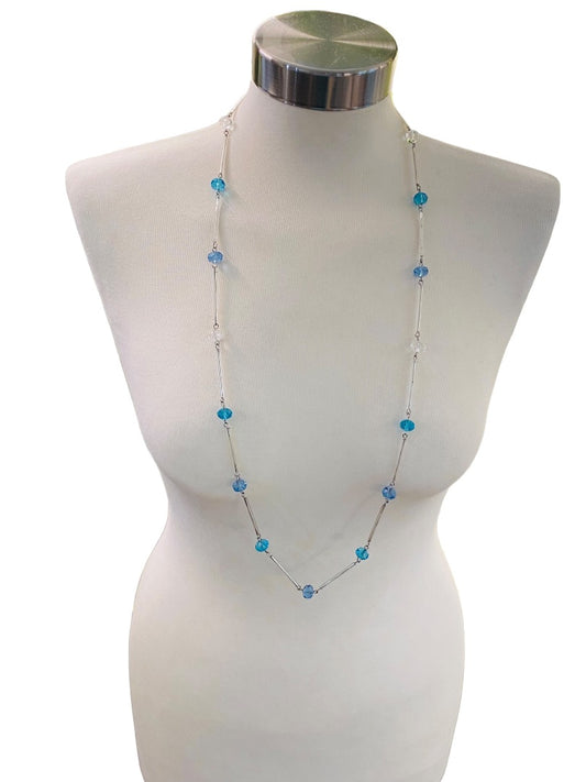 Silvertone Blue Aqua Beaded Overhead 36" Strand String Necklace