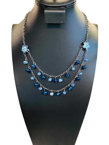Dark Silvertone Blue Beaded Layered Necklace Floral 19" Lobster Clasp