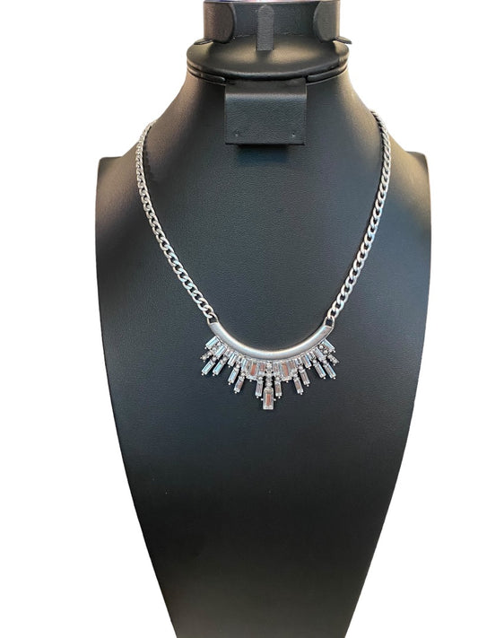 Silvertone Necklace 18"-21"Demilune Attached Pendant Lobster Clasp