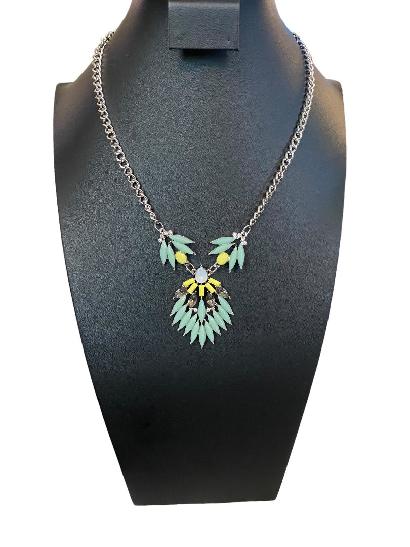 Silvertone Green Yellow 18-19" Statement Necklace Beaded Green Yellow