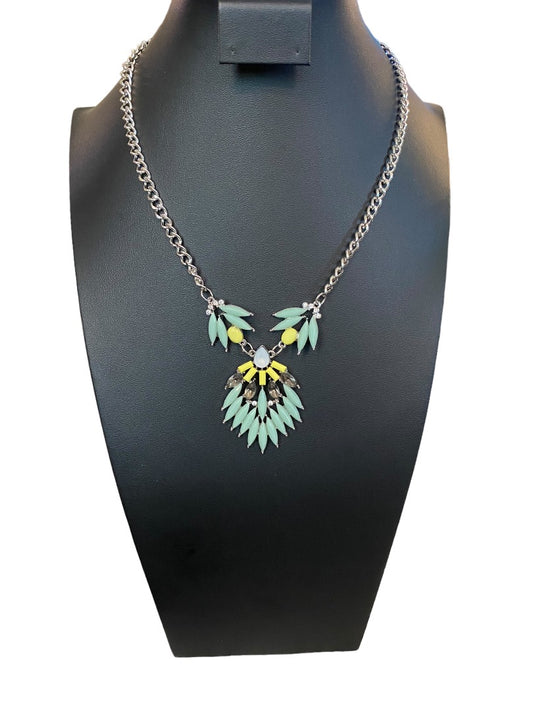 Silvertone Green Yellow 18-19" Statement Necklace Beaded Green Yellow