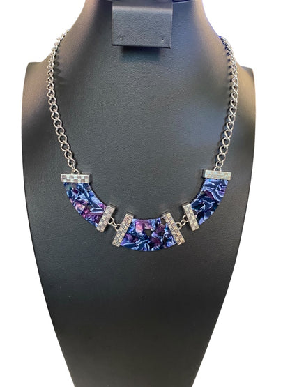 Silvertone Blue Purple 21" Statement Necklace Acrylic Swirl Lays Flat