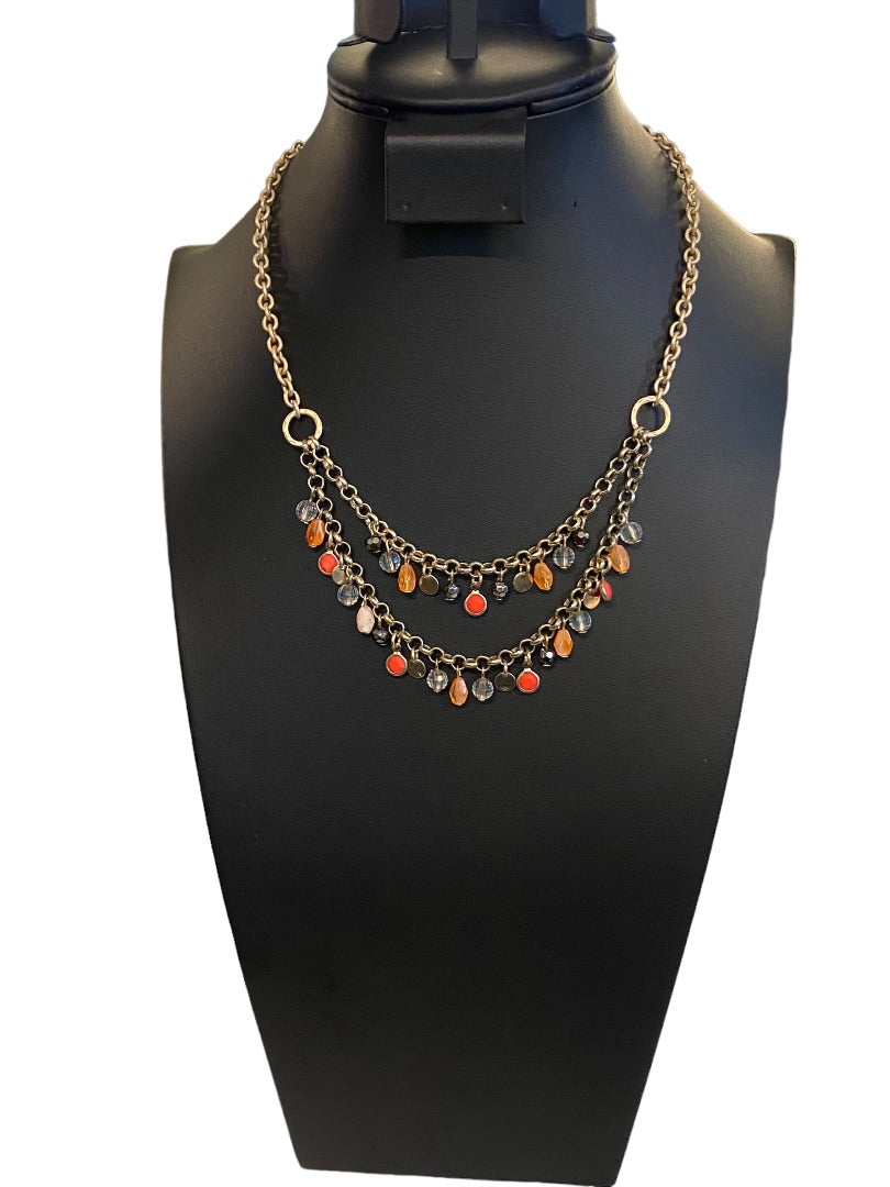 Brushed Goldtone Beaded Double Strand Necklace 17.5"Beaded 3" Drop