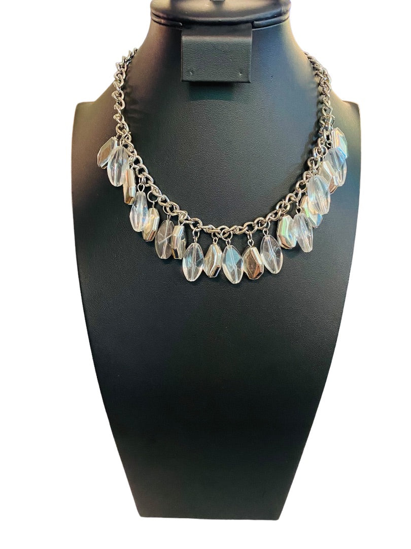 Silvertone 17" Statement Necklace Clear Charm Beads Lobster Clasp