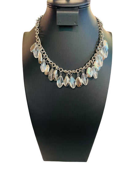 Silvertone 17" Statement Necklace Clear Charm Beads Lobster Clasp