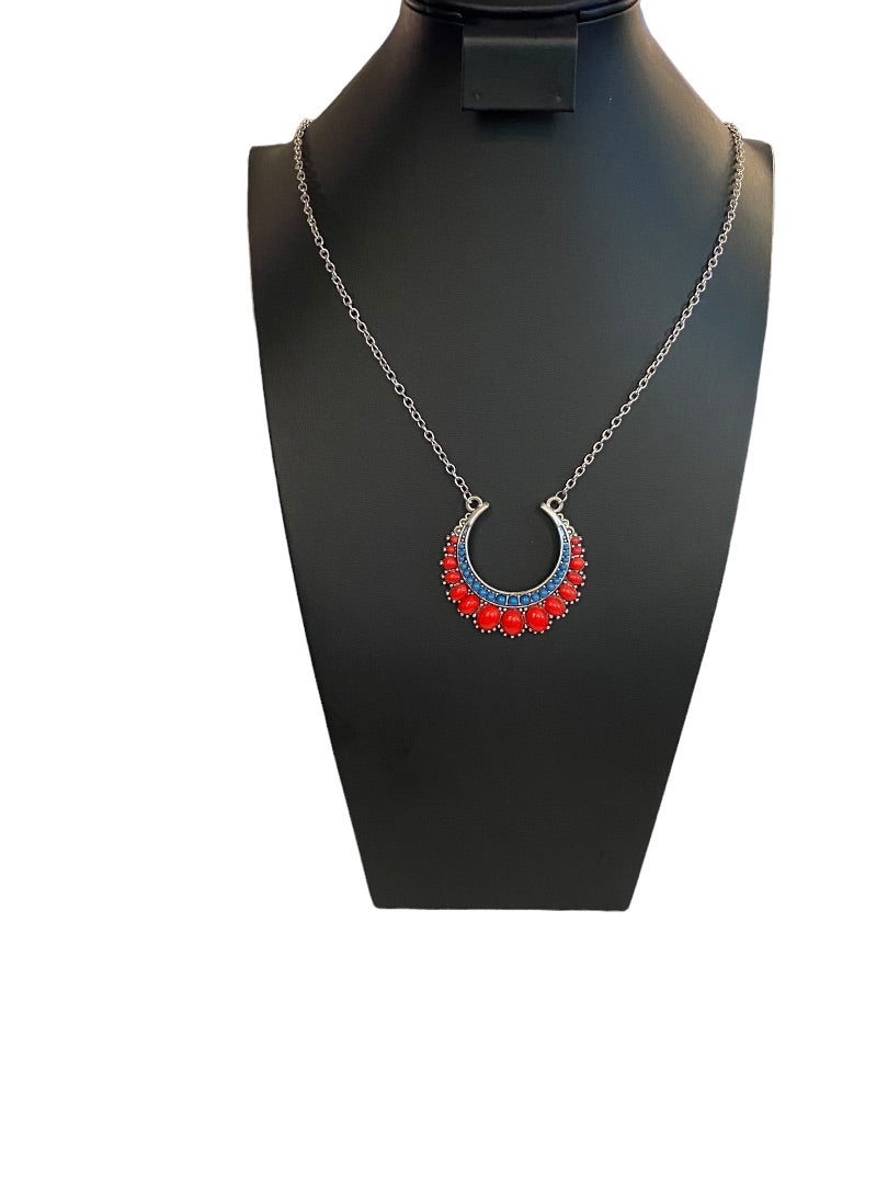 Silvertone Pendant Necklace Statement 33" Red Teal Beaded Pendant (2")