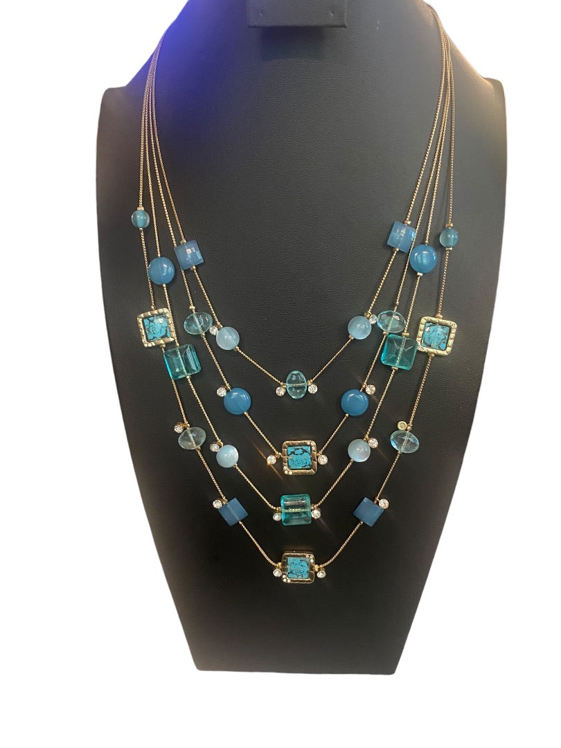 Charming Charlie 4 Strand Goldtone Blue Aqua Beads Layered 18-21"