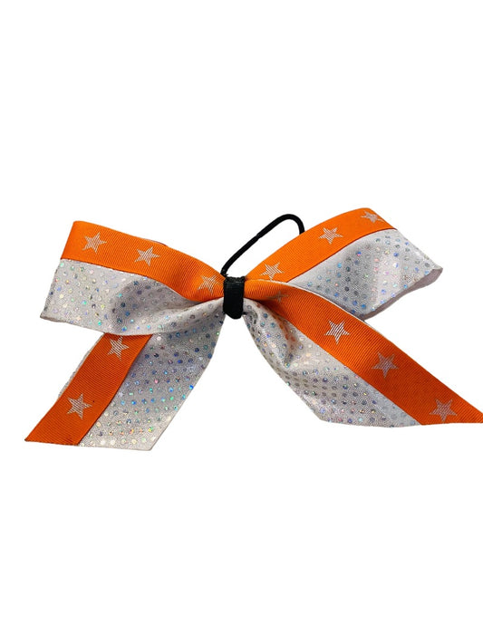 Girls Oversize Hair Bow 8" Elastic Ponytail Silver Orange Star Print