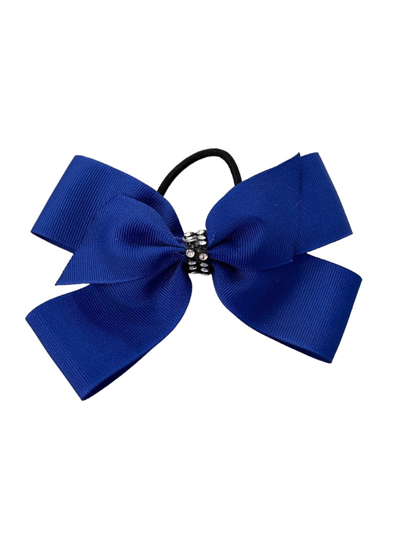 Girls Oversize Hair Bow 5" Elastic Ponytail Blue Bejeweled