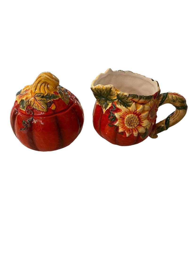 Country Road Ceramic Creamer and Lidded Sugar Bowl Pumpkin Fall Autumn