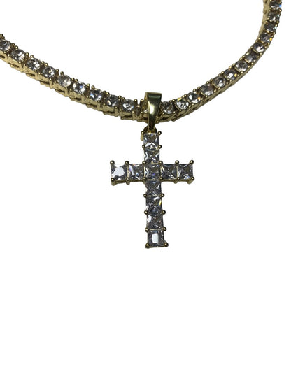 Goldtone and Rhinestone New Cross Pendant 19" Necklace New Foldover Clasp