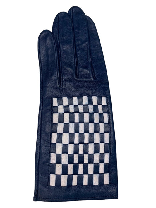 Size 6 Vintage Initial Paris Navy Blue Leather Glove Woven Design Left Hand Only