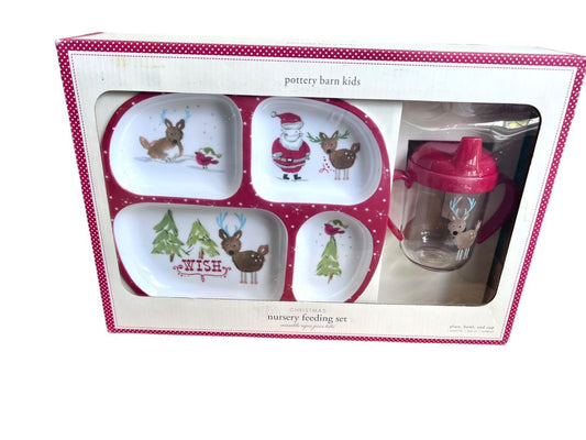 Pottery Barn Kids Christmas Holiday Plate Set Divided Plate Bowl Sippy Cup Santa Holiday NIB